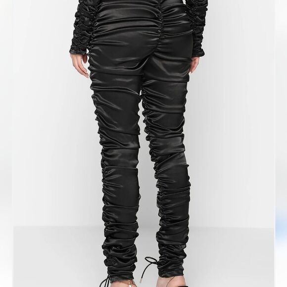 Akira Bow Down Ruched Satin Pants- Black - Picture 4 of 8